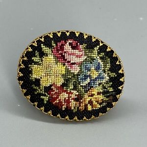 Vintage Embroidery Petit Point Flower Pin